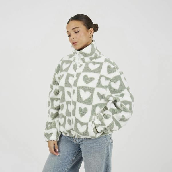 Brave Soul Green Heart Print Zip Through Sherpa Fleece - Green Image 1