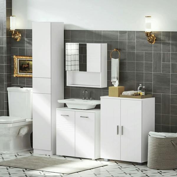 White tall bathroom storage cabinet with open shelves in a modern bathroom setting.