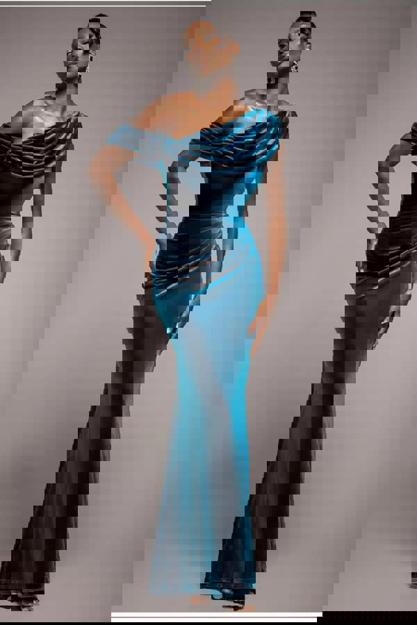 Cowl One Shoulder Velvet Maxi Dress - Teal DR4504