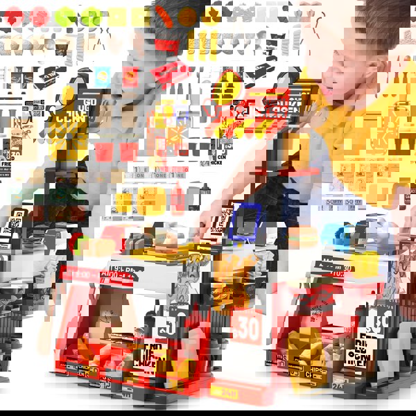 deAO Toys Mini Kitchen Playset Fried Chicken Shop Toy with Color-Changing Food, Burgers, Fries,Cash Register