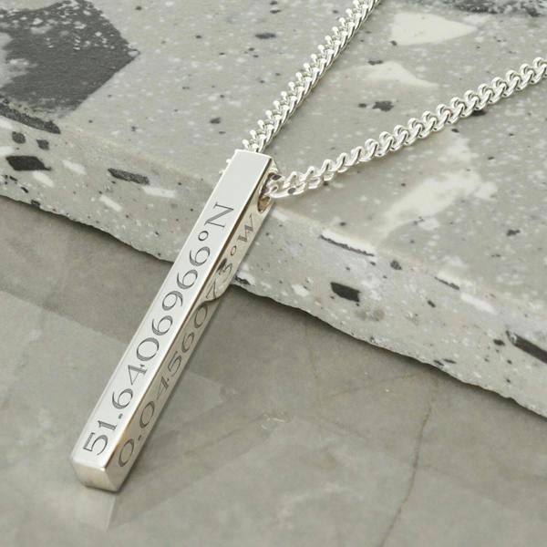 Christopher James of London Mens Silver 3D Engraved Bar Pendant Necklace