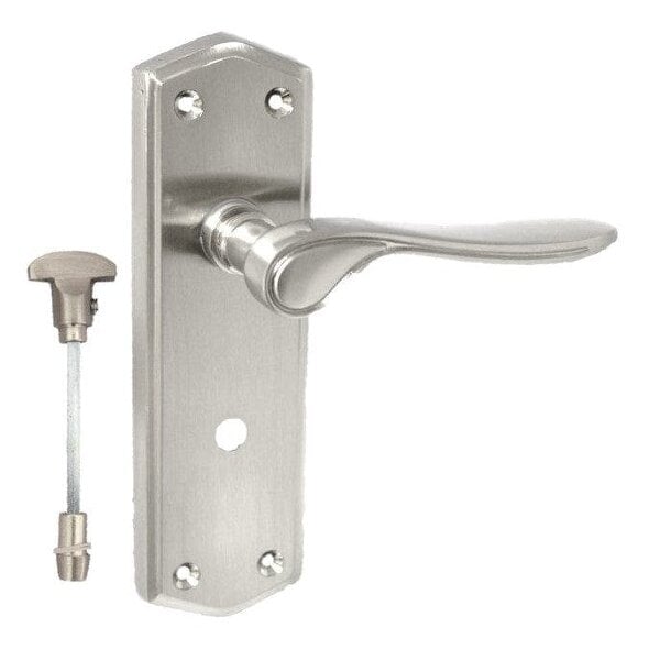 EDH Door Hardware Satin Finish Bathroom Door Handle On Shaped Backplate + Bath Lock