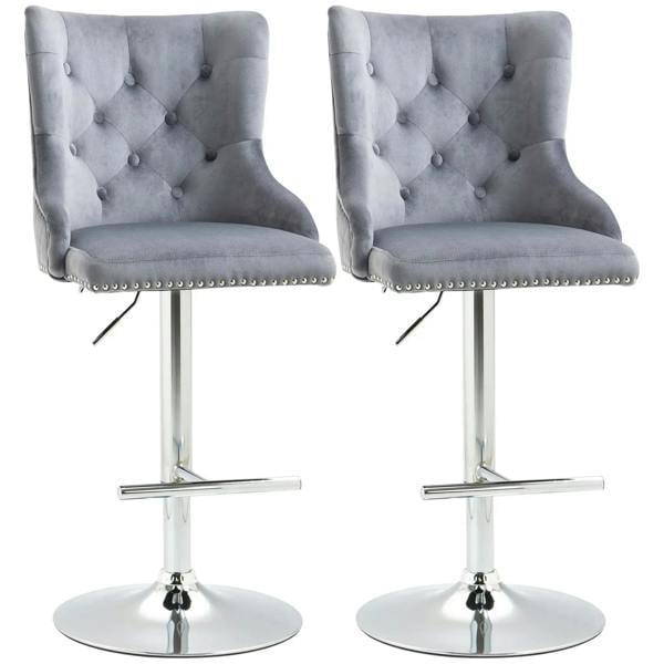 Set of 2 grey velvet swivel bar stools with button-tufted backs, nailhead trim, chrome base