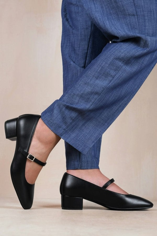 Where's That From Oslo Wide Fit Low Block Heel With Strap and Square Toe in Black Faux Leather