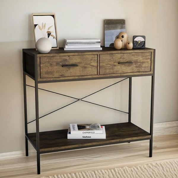 Rafaelo Mobilia 2 Drawer Industrial Console Table Dark Wood