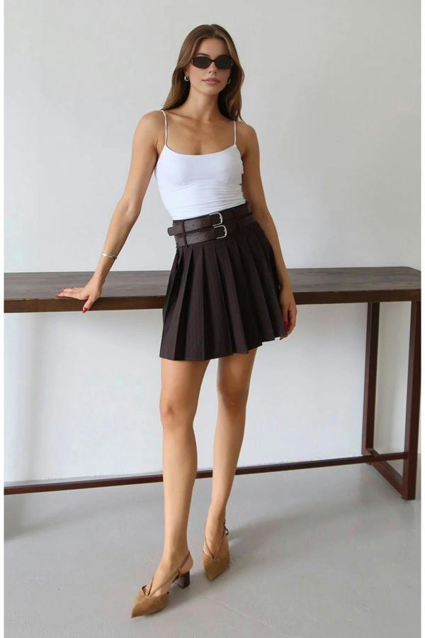 WOVCOR Double Belt Pleated Mini Woven Skirt