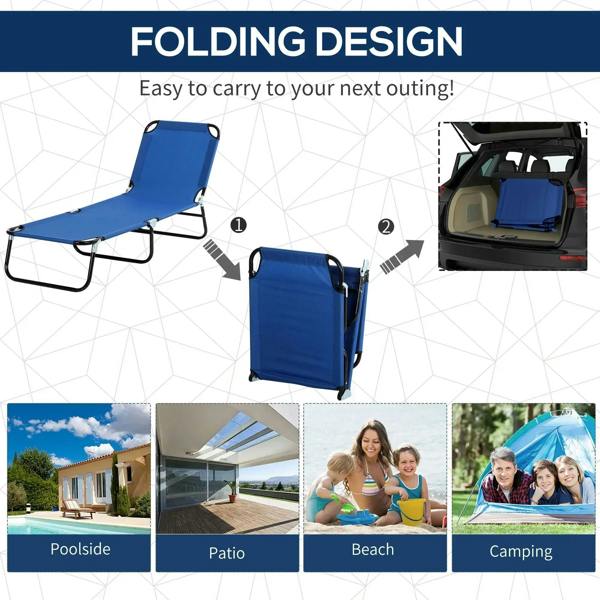 Blue folding sun lounger with carry handle and compact storage case, silver frame
