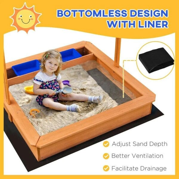 Bobobiy Sand Pit Kids Wooden Sandbox - Children Sandpit Play Station Height Adjustable - Canopy, Bottom Liner, Plastic Basins, Outdoor Aged 3-7 Years