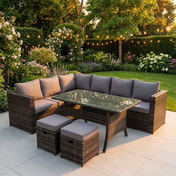 Fimous 8 Seater Rattan Outdoor Garden Furniture Set with 2 Sofas, Rectangular Dining Table, Sofa & 2 Footstools - Dark Grey Mixed