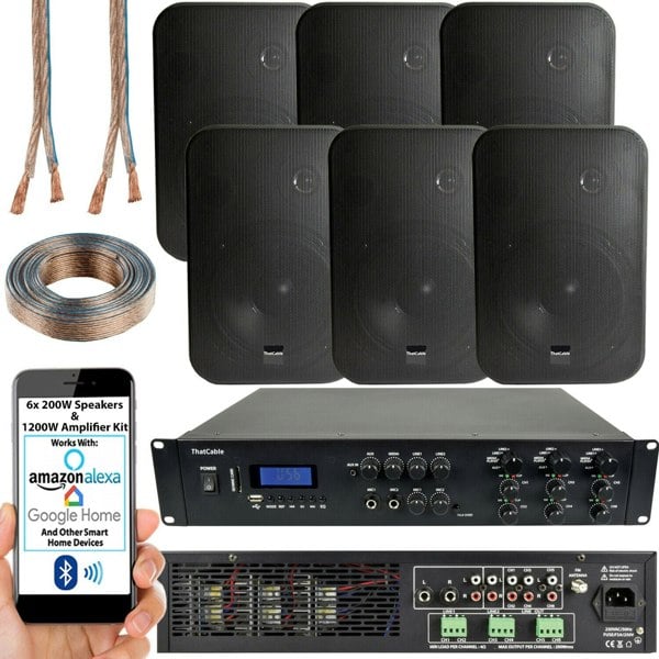 1200W Bluetooth Sound System 6x 200W Black Wall Speaker 6 Zone Matrix Amplifier
