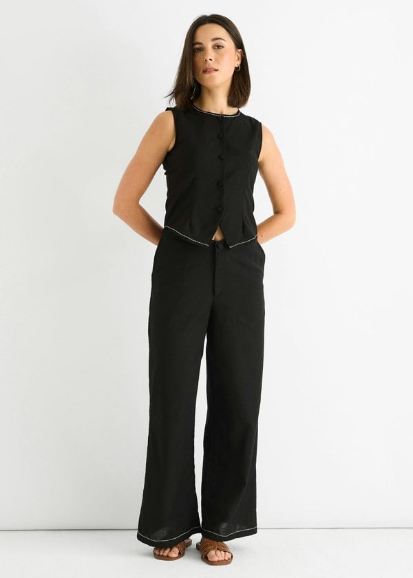 Gini London Black Contrast Embroidery Stitch Detail Trouser