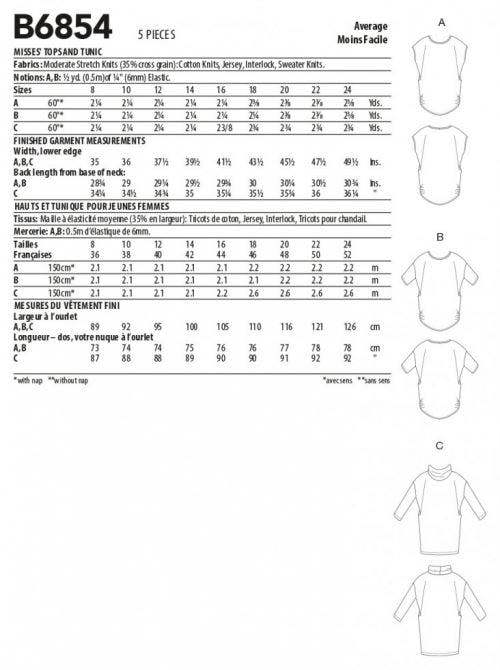 Butterick Sewing Pattern 6854, Tunics, Tops for Women, B5 (8-10-12-14-16) - Intermediate