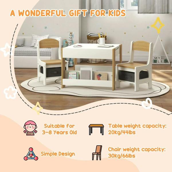 Kids table and chairs set with blackboard top, open shelves, and storage drawers