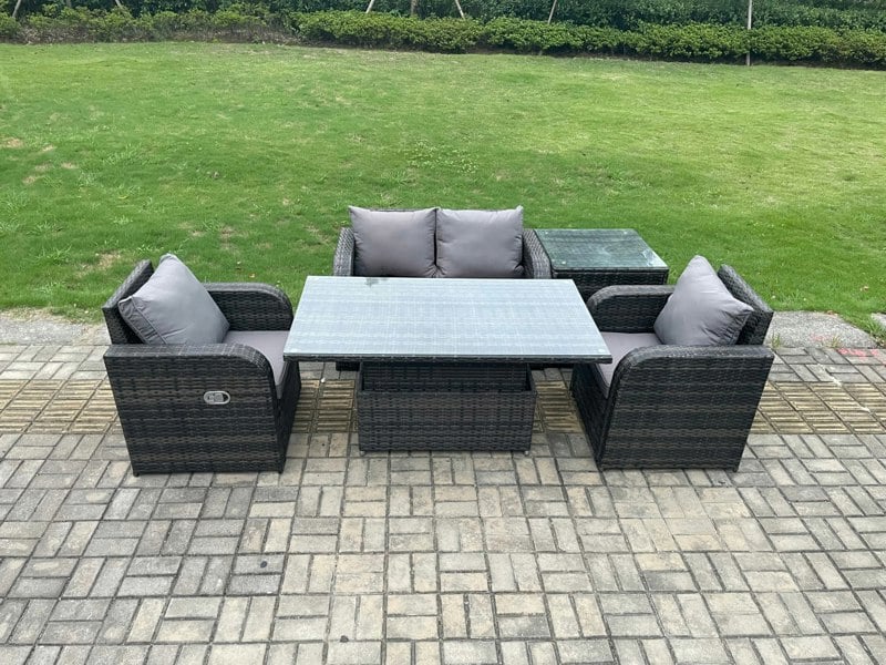 Fimous Outdoor Rattan Garden Furniture Set Height Adjustable Rising lifting Dining Table Love Sofa With Side Table Chair