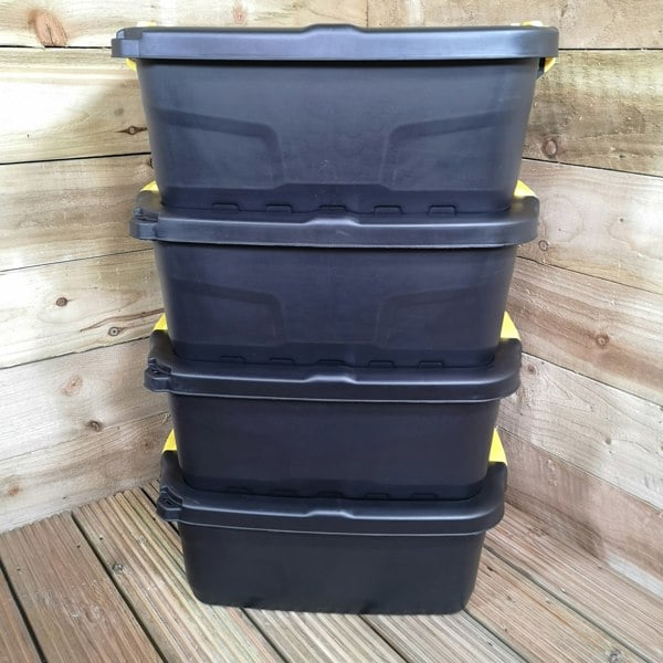 Samuel Alexander 4 x 24L Heavy Duty Storage Boxes, Sturdy, Lockable, Stackable and Nestable Design Storage Chests with Clips in Black