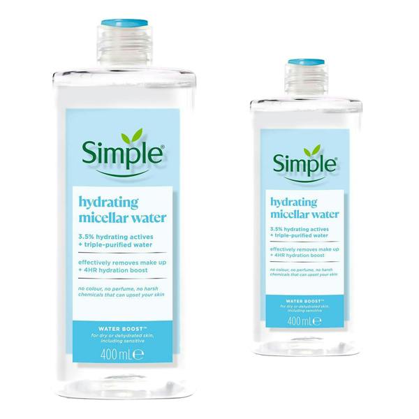 Simple Water Boost Micellar Cleansing Water for Dehydrated Skin 400ml, 2 Pack