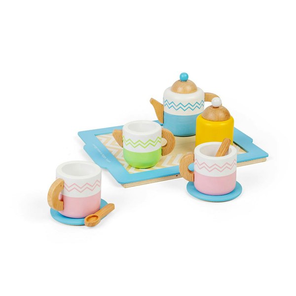 Bigjigs Toys Wooden Tea Tray Set Complete With Teapot, Cups & Saucers, Milk Jug And More