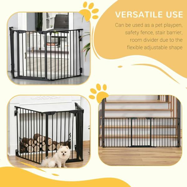 Black metal pet safety gate enclosure with hinged panels for flexible room use