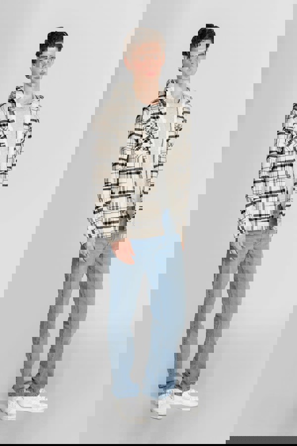 Ecru Check Hooded Borg Lined Shacket Cream Colour