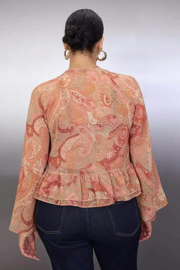 WOVCOR Shawl Patterned Ruffled Chiffon Woven Plus Size Blouse