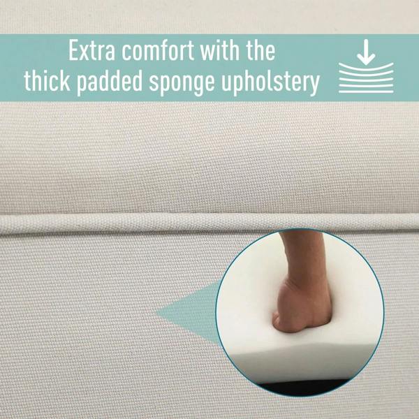 Upholstered bench fabric close-up with thick padding and protective foot