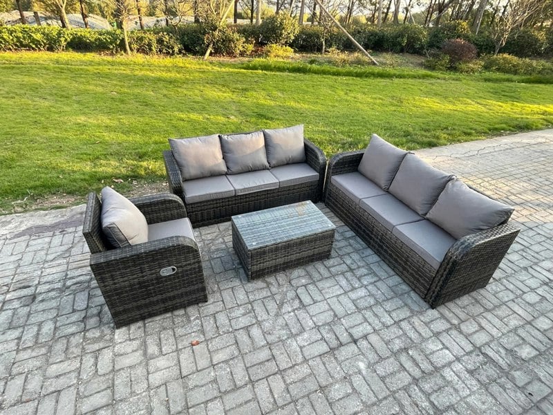 Fimous 7 Seater Rattan Outdoor Garden Furniture Sofa Set Patio Table & Chairs Set with 3 Seater Sofa Reclining Chair 3 Seater Sofa Dark Grey Mixed