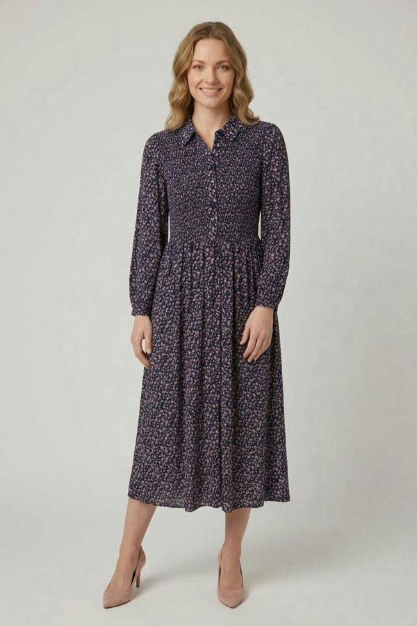 Izabel London Ditsy Floral Shirred Midi Shirt Dress