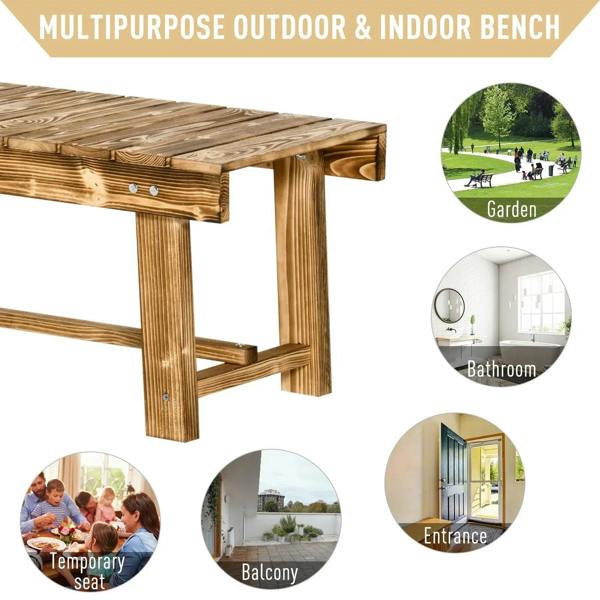 Multi-use wooden bench with slatted seat, tapered legs, and metal fasteners