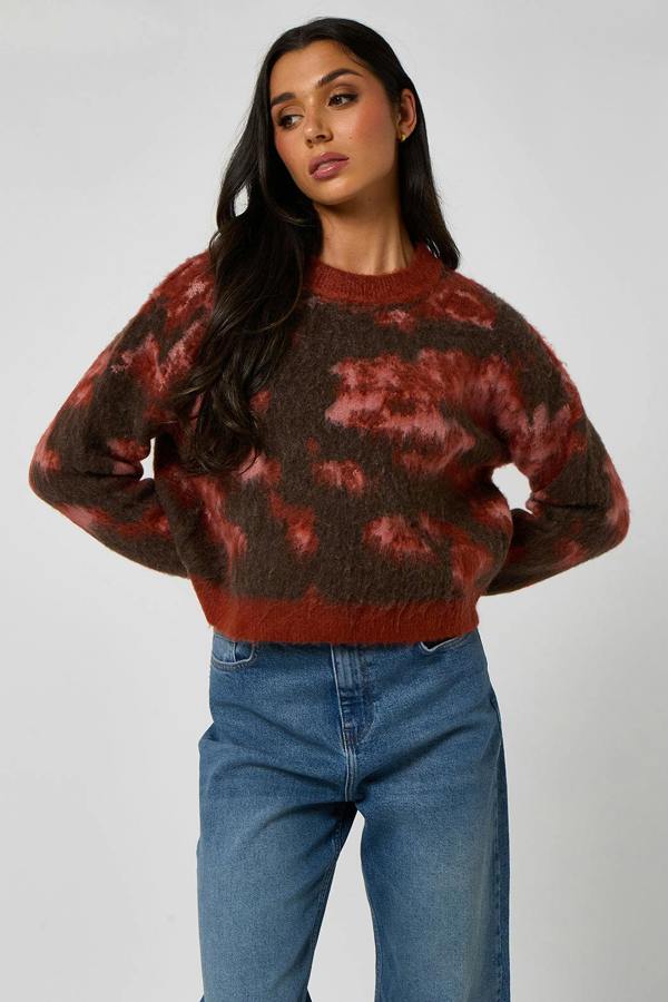 Urban Bliss Red Brushed yarn abstract print jumper