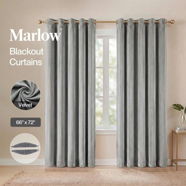 Marlow Thick Thermal Blackout Curtains Velvet 66x72 Inch Eyelet Ring Top Grey