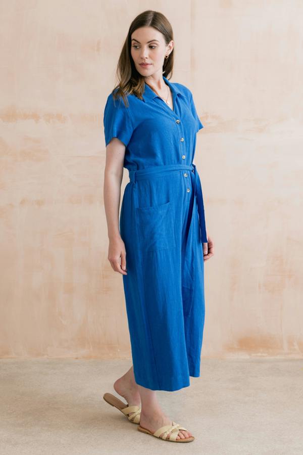 Lily & Me Josie Linen Blend Cropped Jumpsuit Cobalt