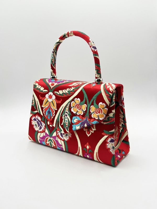 SVNX Floral Satin Embroidered Top Handle Bag in Red