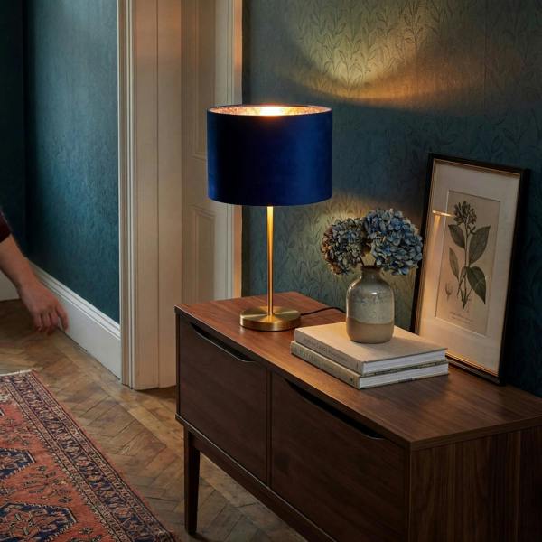 Deep Sea Blue Velvet Drum Lamp Shade with Inner Floral Pattern Lining Image 6