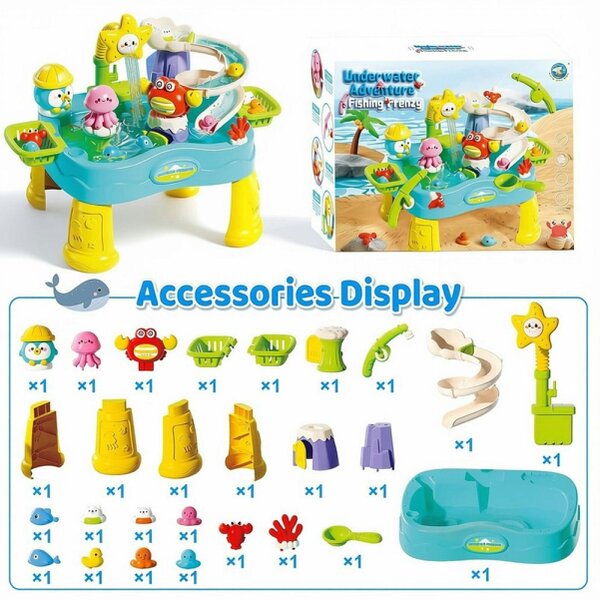 deAO Toys deAO Water Play Sink Play Table with Fishing Rod, Water Slide & Sea Animal Toys Interactive Outdoor Sensory Playset for Kids Ages 3+ (Blue)