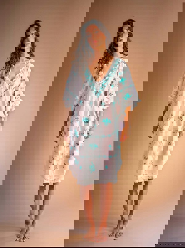 Mykonos Embroidered White Kaftan with Turquoise