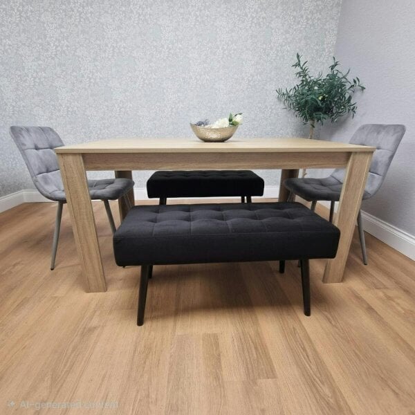 Kosy Koala Oak Effect Dining Table Set With 2 Grey Velvet Chairs And 2 Black Benches Dining Room Furniture