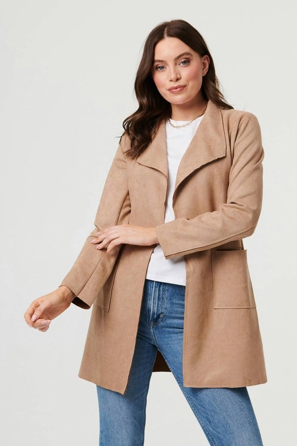 Brown | Faux Suede Collared Open Front Jacket

