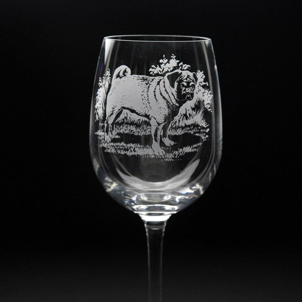 Glyptic Glass Art Pug Dog Crystal Wine Glass - Hand Etched/Engraved Gift