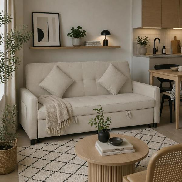 Wyld Haus Yokari Beige Upholstered 3 Seater Convertible Sofa Bed Tufted