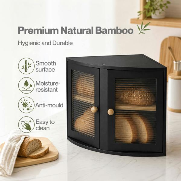 Toque Bread Bin  Corner Bread Bin for Kitchen  Double-Layer Bamboo Box  Black