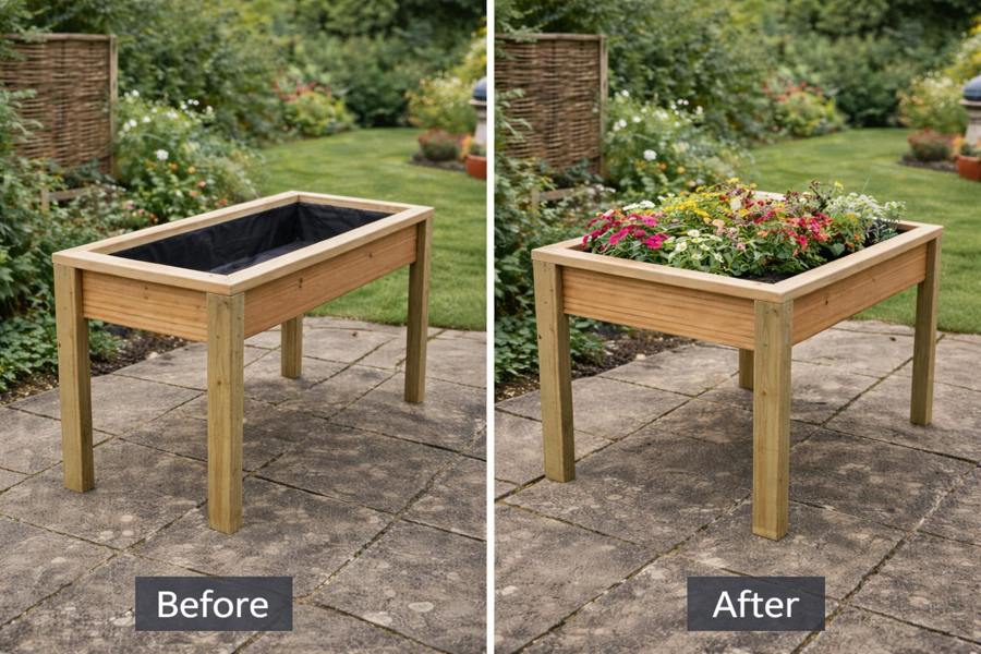 Accessible decking planter empty and fully planted comparison