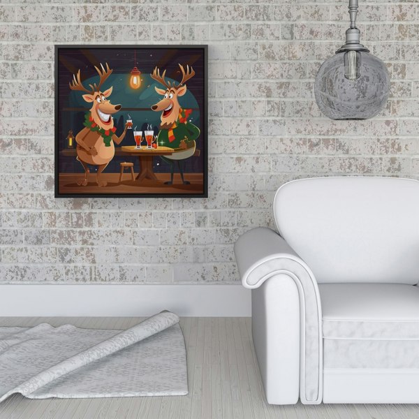 Warren Reed Reindeers Having A Beer Framed Canvas