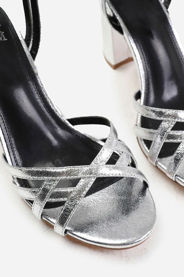 Where's That From Esmer Wide Fit Mid Block Heel With Cross Over Strap Detailing in Silver Crinkle Faux Leather