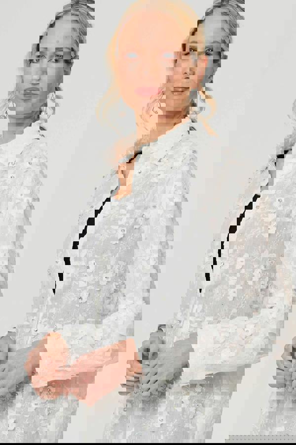 White | Floral Lace Embroidered Semi Sheer Shirt