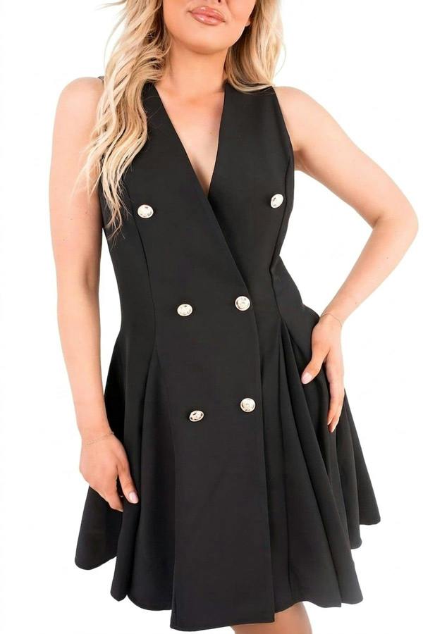 Elisse Button Front Detail Mini Dress - Black_wb