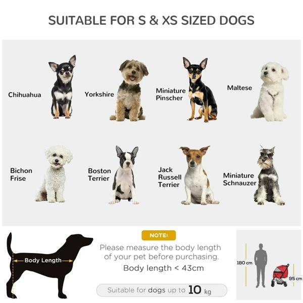 Dog stroller size compatibility chart with small dogs silhouettes on a white background.