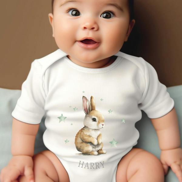 Personalised Green Stars Bunny Baby Grow, Vest or Bib with Name