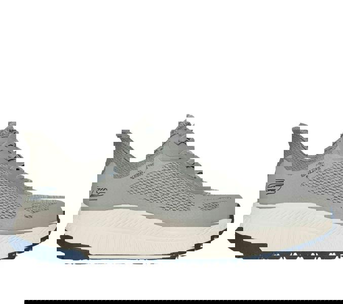 Skechers Bobs Squad 4 Chaos Mens Slip-Ins Casual Trainers, a grey athletic sneaker with mesh upper, cushioned sole, and blue accents.