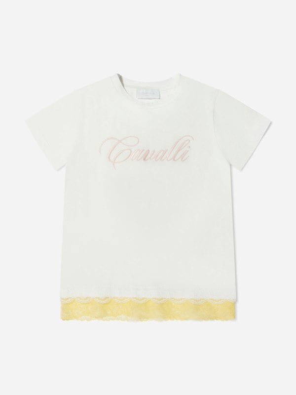 Roberto Cavalli Girls Cotton Logo T-Shirt With Lace Hem