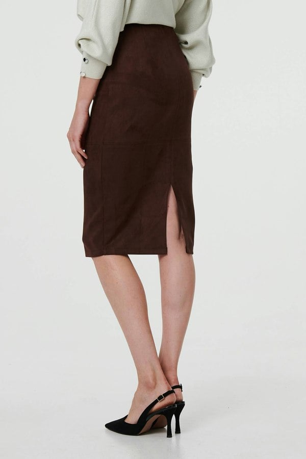 Brown | Faux Suede Knee Length Pencil Skirt
